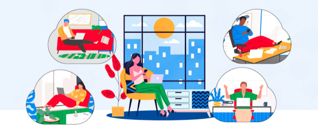 Piirroskuva Google Workspace -ympäristön monipuolisista työkaluista ja pilviyhteyksistä