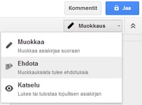 Valikko Google Dokumentin oikeassa yläkulmassa, josta voi vaihtaa muokkaustilasta ehdotustilaan