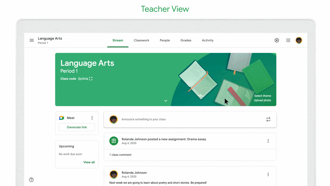 Animaatio Google Meet -linkin määrittämisestä ja opettajan hallintaominaisuuksista Google Classroom -palvelussa