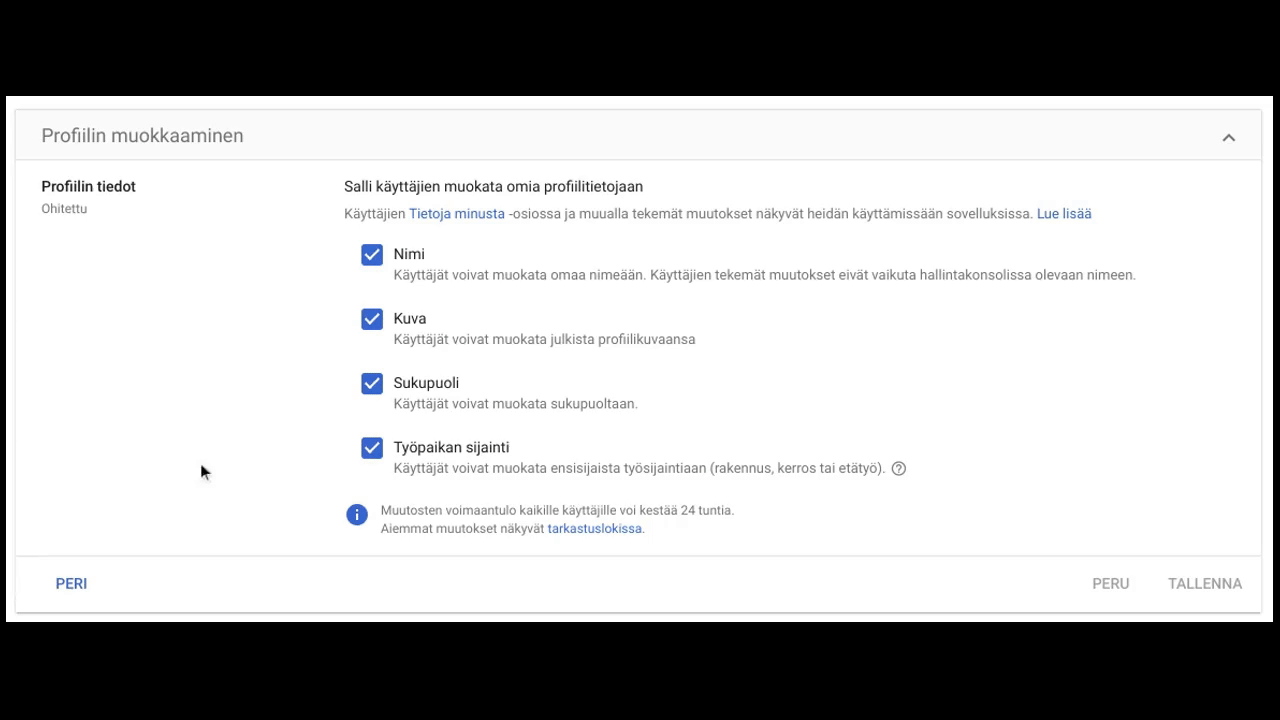 Vaiheittainen ohjekuva Google Admin -paneelin profiilitietojen muokkaamisen estämiseksi