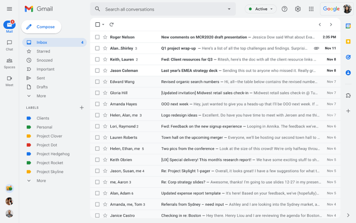 Google Gmailin uusi integroitu käyttöliittymä sähköpostilla ja chatilla