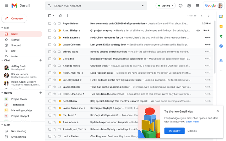 Google Gmailin perinteinen sähköpostinäkymä ennen päivitystä
