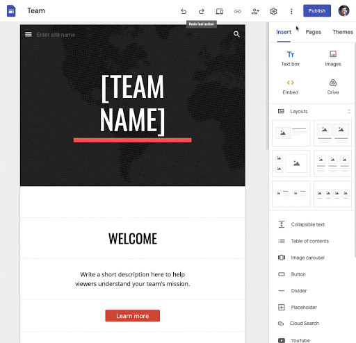 Animaatio omien visuaalisten teemojen, värien ja fonttien muokkaamisesta Google Sites -sivuston muokkaustilassa