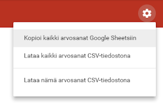 Asetusvalikko Google Classroomissa, josta voi kopioida kaikki arvosanat Google Sheetsiin