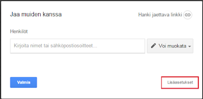 Google Driven jakamisasetukset ja lisäasetukset painike