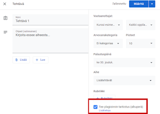 Google Classroomin tehtävän luonti ja plagioinnin tarkistus -valintaruutu