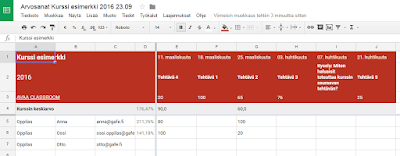 Google Driven Classroom-kansioon tallentunut arvosanojen Excel- ja Sheets-taulukkotiedosto