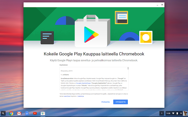 Kuvakaappaus Google Play -sovelluskaupan käyttöehtojen hyväksymisestä Chromebookilla