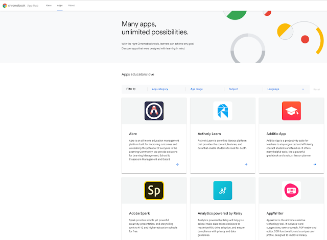 Kuvakaappaus Chromebook App Hub -sivuston etusivulta ja monipuolisista hakusuodattimista