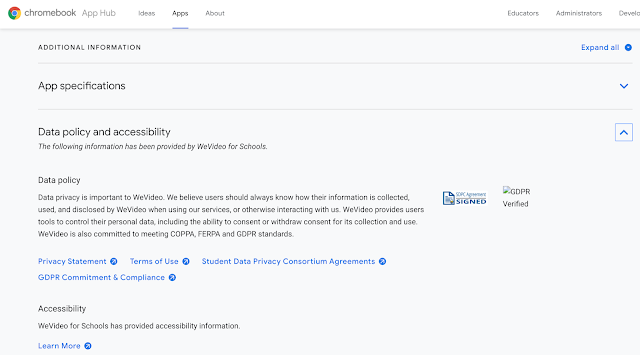 Kuvakaappaus Data policy and accessibility -osiosta, josta ilmenee sovelluksen GDPR-tietosuojatiedot