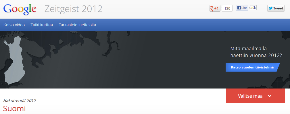 Kuvakaappaus Googlen Zeitgeist 2012 -sivuston Suomi-näkymästä