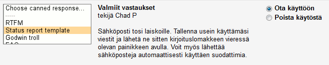 Kuvakaappaus Gmailin asetukset-näkymästä, jossa valitaan Valmiit vastaukset -työkalu