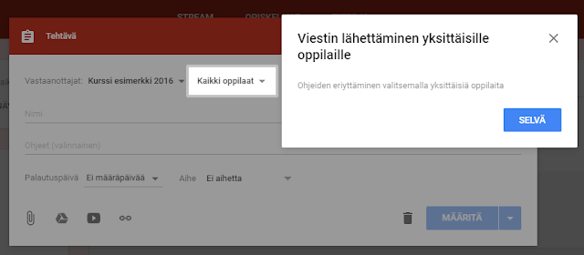 Kuvakaappaus Google Classroom -päivitysikkunasta, jossa on valittavana uusi kohdistustoiminto