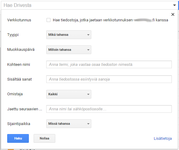 Google Driven tarkennetun haun käyttöliittymä, jossa hakua voi rajata omistajuuden ja tyypin mukaan