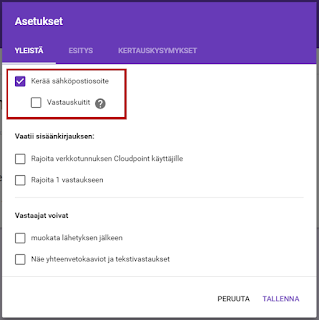 Kuvakaappaus Google Forms -lomakkeen asetuksista, jossa on valittuna Kerää sähköpostiosoitteet -vaihtoehto.