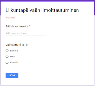 Kuvakaappaus Google Forms -lomakkeen esikatselusta, jossa näkyy pakollinen sähköpostikenttä punaisella asteriskilla.