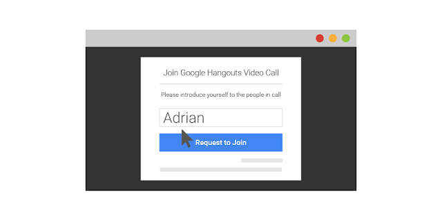 Hangouts-vieraskirjautumisen käyttöliittymä, jossa ulkopuolinen käyttäjä voi syöttää nimensä ennen liittymistä
