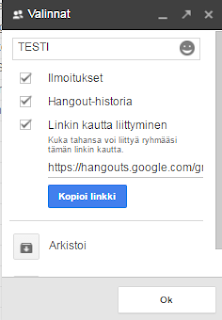 Google Hangouts -keskusteluasetukset ja linkin kautta liittymisen valinta