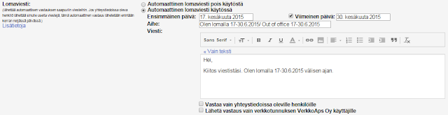 Kuvakaappaus Gmailin lomavastaajan asetuksista