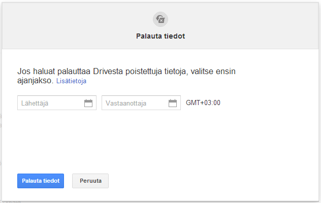 Kuvakaappaus Google Workspace -hallintapaneelin tiedonpalautusvalikosta